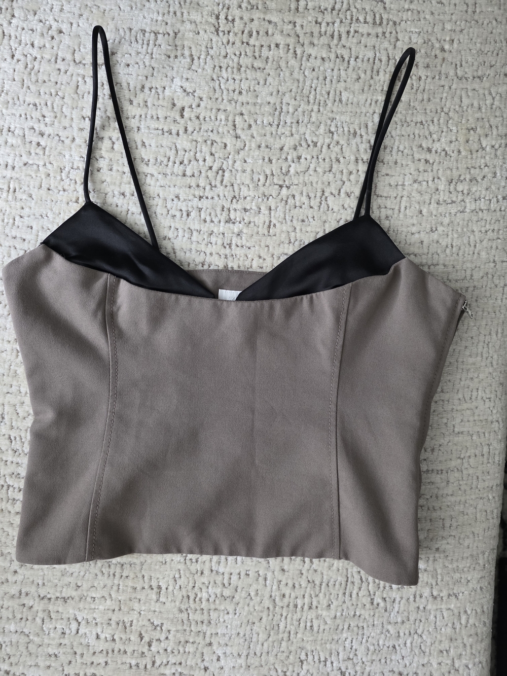 Zara Taupe & Black Contrast Satin Trim Cropped Cami Top | Side Zip | Size S